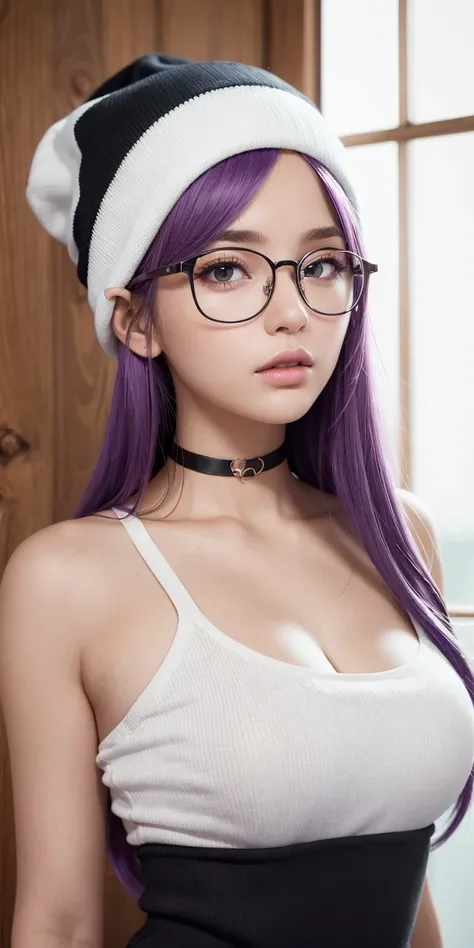 Create a stunning masterpiece featuring a highly detailed and realistic illustration of a beautiful girl. She should be the sole focus of the artwork, portrayed in a cowboy shot, with long, light purple hair, bangs, captivating red eyes, glasses, and weari...