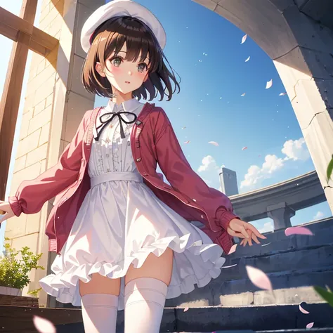 (masterpiece:1.6, highest quality), (fine and beautiful eyes: 1.2),  (Lens flare, particles of light, shine),PhD_Kato, Katouhdlong, alone, brown hair, have, upper limbs, short hair, brown eyes, hat has been removed, dress, took off the hat, white stockings...