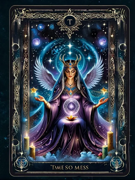 (tarot card:1.5，rotational symmetry，center), envision a mystical tarot card floating amidst a cosmic backdrop of twinkling stars...