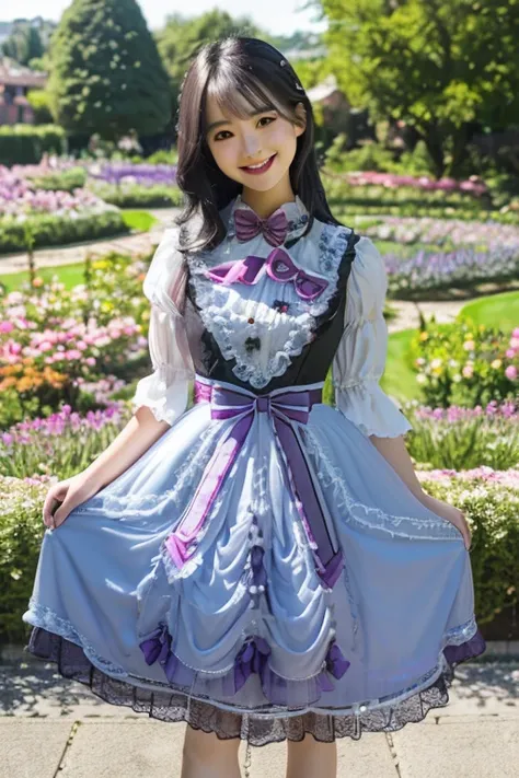 actual, photoactual, 8K, Ultra-detailed, high dynamic range, masterpiece, best quality, it_skirt, purple skirt, garden, fitwer, 1 girl, soit, Slim, Smile, Lovely, itoking at viewer, itng black hair, permanent,  coitrful, Detailed background, 