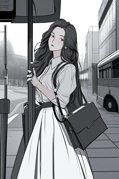 (Ridiculous, high resolution, Super detailed), masterpiece, best quality, 1 female，long hair, shirt，long skirt, Soft Face Features，look up，briefcase，Curious expressions. Bus stop in the background.