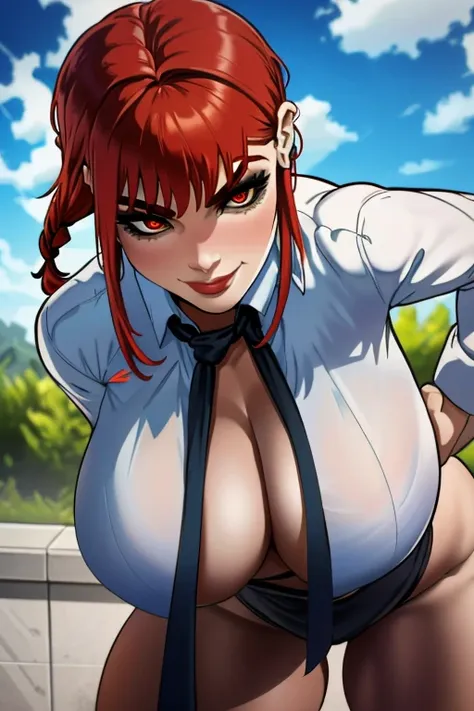 1girl, solo, mole above mouth, earrings, red eyes, jewelry, makeup,  looking at viewer, necktie, red hair, red necktie, stud ear...