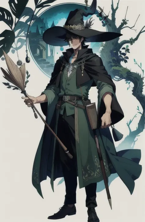 masterpiece, best quality, 1 male, adult, tall muscular, handsome, finely detailed eyes, intricate details, wizard, black hat with a pointed brim, broomstick with a carved handle, spellbook with a variety of spells, potion bottles with various ingredients,...