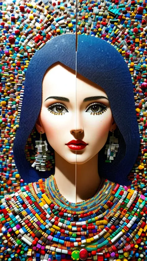 Beautiful Woman, surreal, abstract, modern art, mosaic made out of buttons and paperclips and newspaper and plastic pieces, 
Art Installation in the style of [Anton Semenov | Glen Keane | Wayne Thiebaud | Tex Avery], complex scene, perfect composition