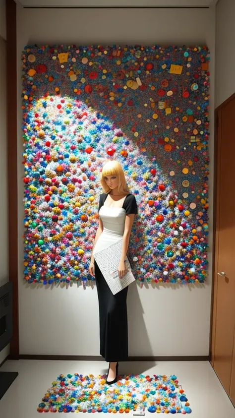 Beautiful Woman, surreal, abstract, modern art, mosaic made out of buttons and paperclips and newspaper and plastic pieces, 
Art Installation in the style of [Anton Semenov | Glen Keane | Wayne Thiebaud | Tex Avery], complex scene, perfect composition