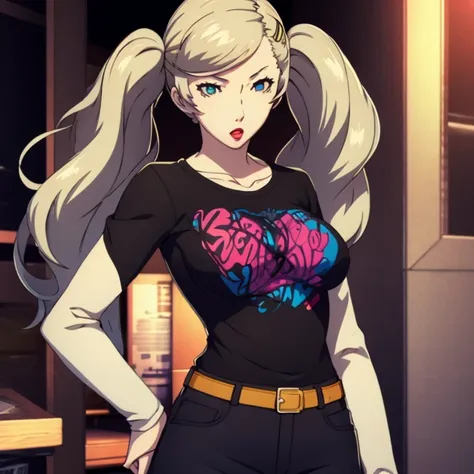 ann takamaki, blonde hair, twintails, best quality, masterpiece, 1girl, solo, standing, black t-shirt, white shirt, blue jeans, ...