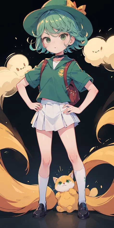 ((black background)) Tatsumaki kneel on WHITE sheet, short bob hair green hair, GREEN EYES, kindergarten_uniform,yellow hat,red school bag, leather choker collar slave , (hands on hips, clenching fist 👊 ✊️)