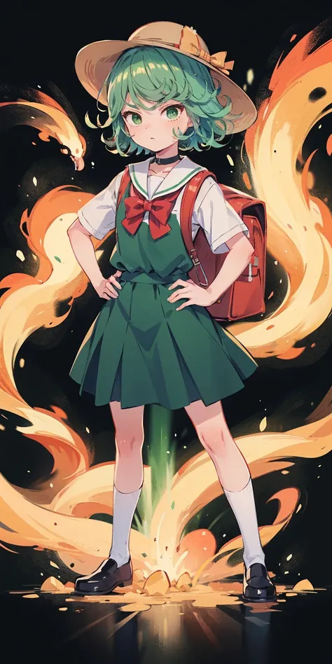 ((black background)) Tatsumaki kneel on WHITE sheet, short bob hair green hair, GREEN EYES, kindergarten_uniform,yellow hat,red school bag, leather choker collar slave , (hands on hips, clenching fist 👊 ✊️)