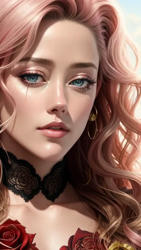 close up photo of Amber Heard, (rose) digital art, official art, blown by the wind, masterpiece, beautiful, paint splatter, intricate detail. Great detail, [dripping:0.7], Trending on Artstation, Rachel Walker