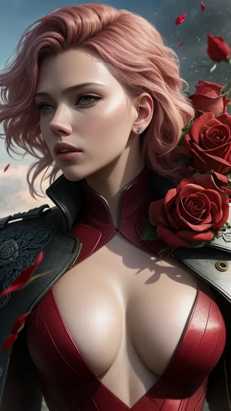 close up photo of Scarlett Johansen, (rose) digital art, official art, blown by the wind, masterpiece, beautiful, paint splatter, intricate detail. Great detail, [dripping:0.7], Trending on Artstation, Rachel Walker