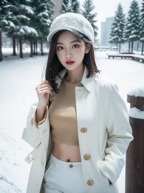 best quality, 4K, 8 thousand, detailed face, clear face, pretty girl,exquisite makeup, red lips,laugh, perfect body,Shoulder length black straight bob hair,green baseball cap,,femur,slim,thin, the girl wears a brown wool coat., Underneath the jacket was a ...