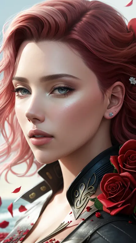 close up photo of Scarlett Johansen, (rose) digital art, official art, blown by the wind, masterpiece, beautiful, paint splatter, intricate detail. Great detail, [dripping:0.7], Trending on Artstation