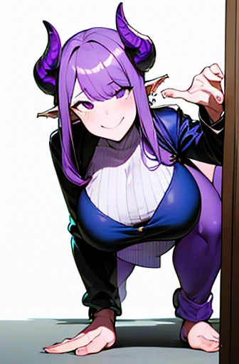 1girl, mature, masterpiece, side plait hairstyle, pale purple hair, 2tone hair, two tone hair, smile, bangs, demon horn, long ears, white Appron,  big breasts, blue jeans, full body view, front view, pov, fullbody shot, White background 