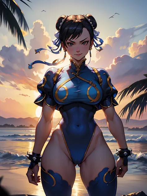 roupa azul,solo, low lighting, chun li masterpiece, best quality, agrias, grey sweater, black leotard, standing, looking at viewer, black hair,angry,smile,sunset,lago, reflexo na agua, por do sol
