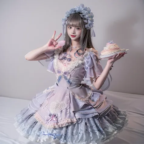 best quality, delicate face，beautiful visual work, lifelike, 2 girls, eternal, black hair, Long curly hair, blunt bangs, Smile, pink skirt, pink lolita dress, layered skirt, Lolita style long skirt,分層連衣裙 lace-trimmed 裙子, decorate, lace, long sleeve, puff s...