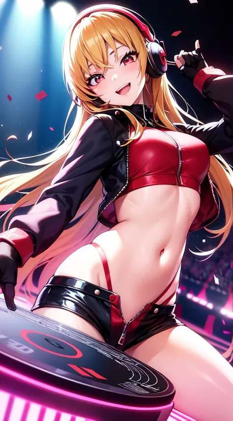 anime girl,short mini red  jumpsuit, unzip to belly, headphones,DJ turntable set,club lighting,stage,confetti,dancing,smiling,putting records on turntable,(best quality:1.2),(ultra-detailed:1.2),(realistic:1.37),HDR,vivid colors,portraits,shorts,headphone ...