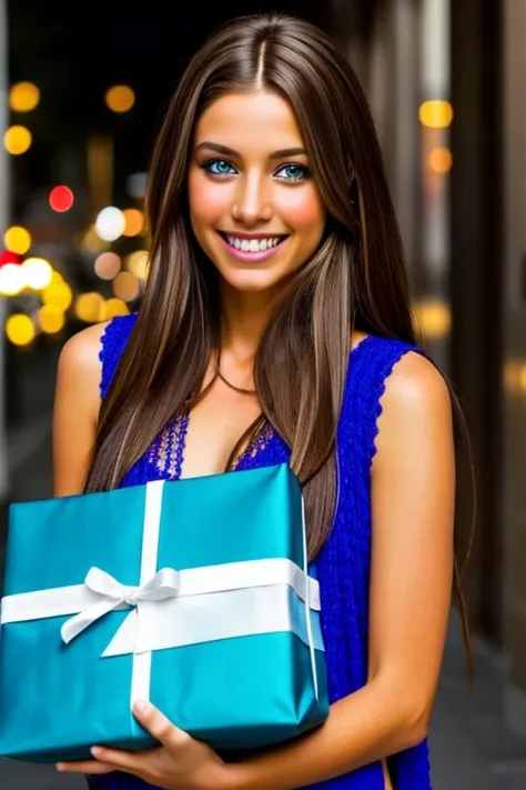 Una chica muy sexy, long light brown hair, ojos azul claro,  ,muy sexy y realista , tiene hechas las trenzas  .cuerpo completo ,He laughs and looks at the camera with 3 bags of gifts.  , a buenos aires 