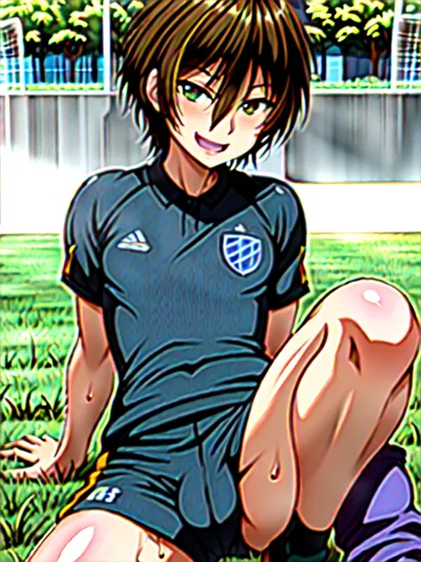 (((official art,Super thin illustration,High resolution, muste piece, best quality,best quality,)))high quality, detailed, (little boy),12 years old,(((solo)))、 A young ace striker male idol with a super cute face,A boy as beautiful as Planding, Cool hands...