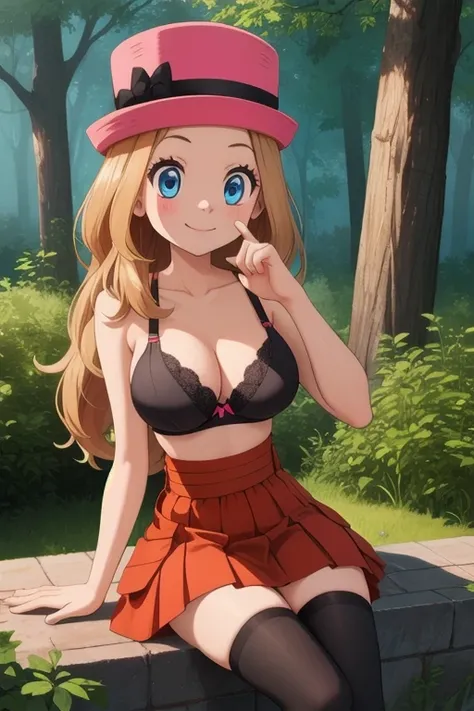 packing serena, 1 girl, alone, blue eyes, blonde hair, long hair, low-tied long hair, have, pink hat,
black bra, red skirt, high...