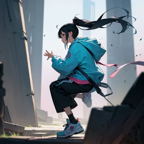 black hair、girl、ponytail、hoodie、flower、ruins、sneakers