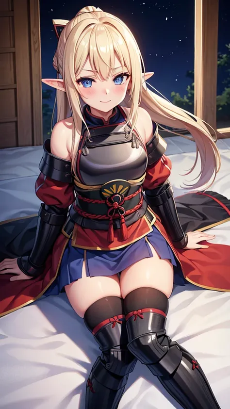 1 person, elf, blue eyes, long blonde hair, small breasts, samurai armor, samurai breastplate, samurai hipplates, samurai shinguards, black stockings, looks at viewer, blushes, smiles kindly, tall Image quality, 8K