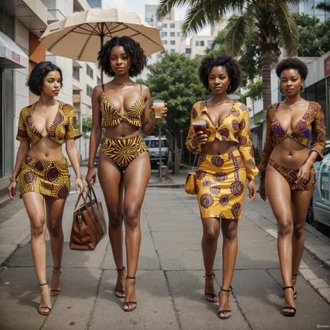 Three women in african print shirts, two of them holding trays of drinks, while the third woman holding an umbrella, in style of nadine ijew,  official artwork, album art, trending artwork, afrofuturism style, afrofuturistic, afro futurism, trending top ar...