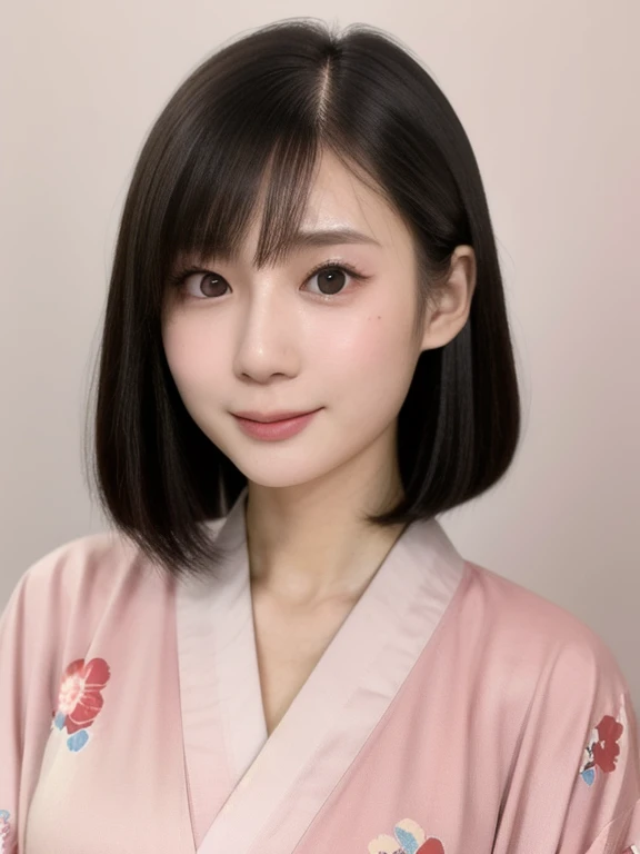 (kawaii 24 year-old Japanese girl, Nogizaka idol, Korean idol), (glossy black hair, medium bob cut:1.3), (extra rounded face, forehead, single eyelid, no makeup, soft smiling:1.2), (wearing light pink concept Kimono, Japanese traditional cloth, beautiful f...