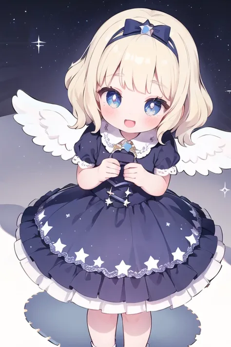 1 girl,Princess, (bright blonde hair), light blue eyes, short bob , shiny hair, wavy hair, blush all over the face,:d,heart-shaped pupil,baby face ,Sparkling in the eye, head ribbon ,star ribbon , ruffle dress,long skirt,Sparkling,adorable,Angelic,Idol (((...