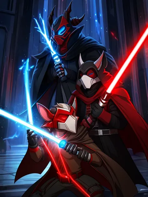 Star Wars Sith model, a man, zabrak race, mask ornamented with white and red, mask eyes closed, 2 red kyber crystals on the mask, small and worn horns, black torn overcoat, 1 red and blue lightsaber in each hand, dark and red and blue aura around the chara...