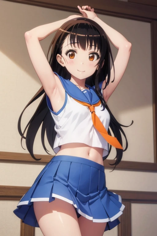 (Highly detailed CG Unity 8K wallpaper), (masterpiece), (highest quality), (Super detailed), (best illustrations), (best shadow), (disorganized), 1 girl, alone, Kosaki watcher, , serafuku, orange tie, Light blue skirt, Put your own hands together, looking ...