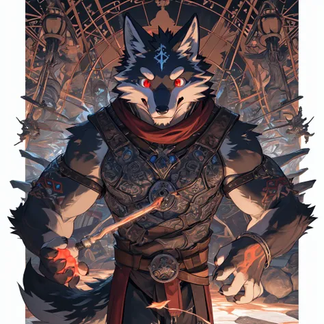 an anthropomorphic black fox with a gorgeous mix of black and white fur and striking red eyes, adorned in a mcfarlane-style adva...