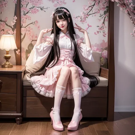 best quality, masterpiece, lifelike, 1 girl, alone, eternal, black hair, Long curly hair, blunt bangs, Smile, pink skirt, pink lolita dress, layered skirt, Lolita style long skirt,分層連衣裙 lace-trimmed 裙子, decorate, lace, long sleeve, puff sleeves, wide sleev...