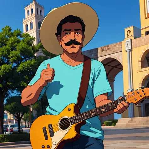 Middle aged Mexican man, sombrero, guitar, casual clothes, mustache, located in Mexico City plaza.