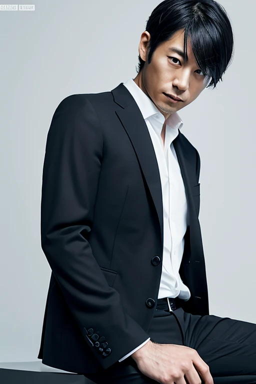 Japanese male, 40 years old, business consultant, wearing a black suit, white background