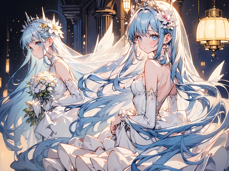 masterpiece, best quality, extremely detailed, (illustration, official art:1.1), 1 girl ,(((( light blue long hair)))), light blue hair, ,10 years old, long hair ((blush)) , cute face, big eyes, masterpiece, best quality,(((((a very delicate and beautiful ...