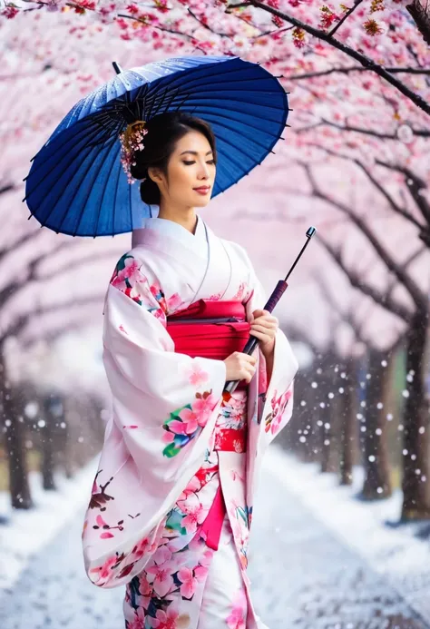 Beautiful woman in Japanese clothes walking in a cherry blossom snowstorm，umbrella