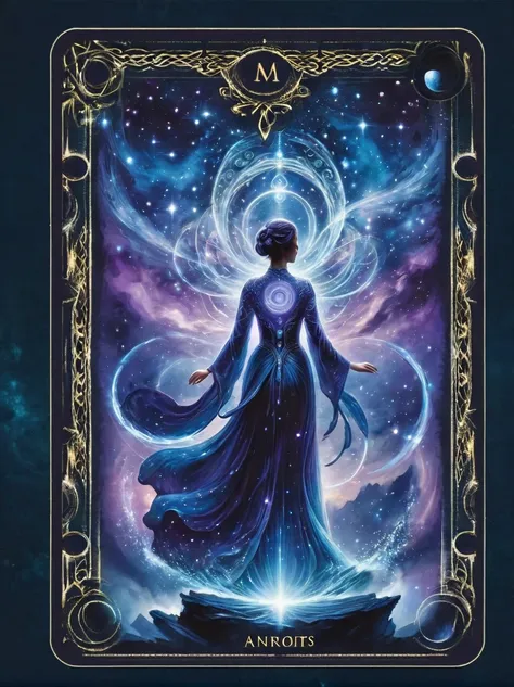 (tarot card:1.5，rotational symmetry，center），a figure stands on a cliff, enveloped in swirling streams of cosmic energy, amidst a...