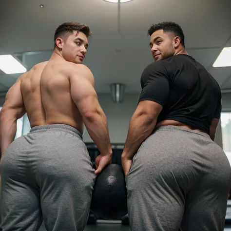 Two male college football players, muscular, jocks, at the gym, athletic, shirtless, dark brown hair, wearing grey sweatpants, big butt, huge ass, curvy men, comically massive ass, bubblebutt, thick, thicc, thick ass, thick legs, thick thighs, huge butt ch...