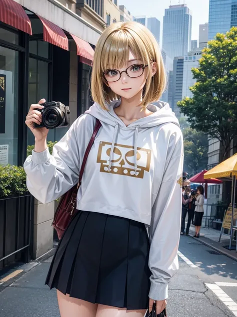 20 year old female、shiny hair quality、beautiful blonde、straight hair、bob hair、Glasses、Glasses美人、Female photographer、woman holding a camera、Woman taking pictures of beautiful scenery、adult woman、hoodie、skirt、perfect skeleton