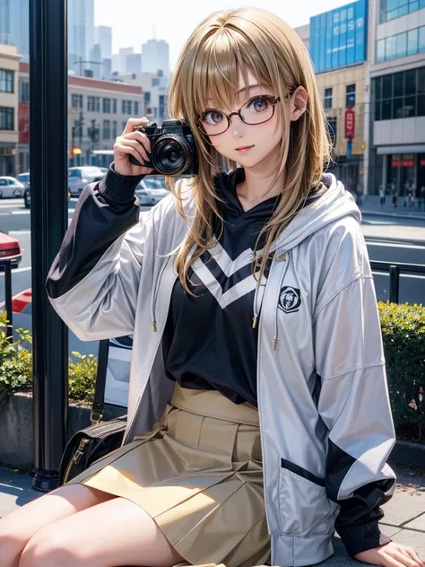 20 year old female、shiny hair quality、beautiful blonde、straight hair、bob hair、Glasses、Glasses美人、Female photographer、woman holding a camera、Woman taking pictures of beautiful scenery、adult woman、hoodie、skirt、perfect skeleton