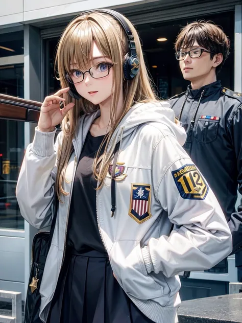 20 year old female、shiny hair quality、beautiful blonde、straight hair、long hair、Shaggy Hair、Glasses、Glasses美人、Woman holding a rifle、Military Women、headset、adult woman、hoodie、skirt、perfect skeleton