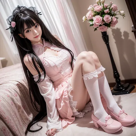 best quality, masterpiece, lifelike, 1 girl, alone, eternal, black hair, Long curly hair, blunt bangs, Smile, pink skirt, pink lolita dress, layered skirt, Lolita style long skirt,分層連衣裙 lace-trimmed 裙子, decorate, lace, long sleeve, puff sleeves, wide sleev...