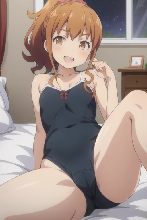 highest quality, (masterpiece:1.2), very detailed, jinno megumi, 1 girl, alone, looking at the viewer, open your mouth, smile, teeth, brown hair, ponytail, brown eyes, Scrunchie, (on the bed:1),(Doing a presentation:1.2),(best shadow), (moonlit room:1.1),(...