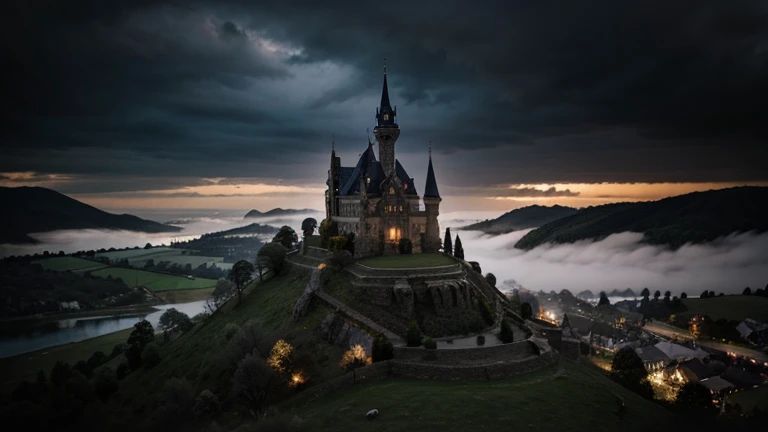 create a landscape scene of a medieval dark gothic castle in a hill, with cloudy dark bloody sky and foggy river surrounding