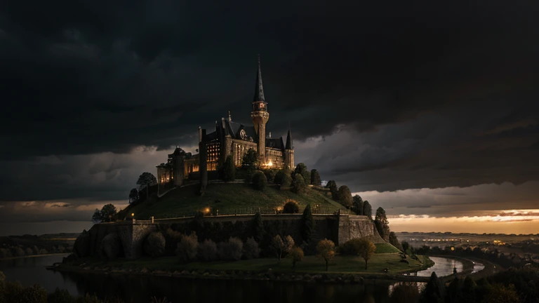 create a landscape scene of a medieval dark gothic castle in a hill, with cloudy dark bloody sky and foggy river surrounding