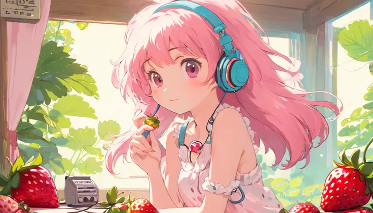  strawberryミルク、((((strawberryとミルク))))、perfect body、knee-length skirt、girl wearing headphones、(((Girl&#39;s UP)))、(((The girls face is well visible)))、make many round chicks、((12 years old))、(((cassette tape、radio cassette player、record)))、cute beautiful gi...