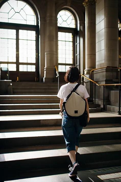 グレーのスウェットパンツをはいた女性と白のスウェットパンツをはいた女性が並んでwalking,Both in white T-shirts,  view from behind、top quality、realistic、Climbing the stairs at Tokyo Station、walking、smaller butt