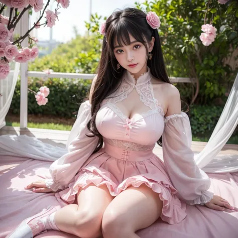 best quality, masterpiece, lifelike, 1 girl, alone, eternal, black hair, Long curly hair, blunt bangs, Smile, pink skirt, pink lolita dress, layered skirt, Lolita style long skirt,分層連衣裙 lace-trimmed 裙子, decorate, lace, long sleeve, puff sleeves, wide sleev...