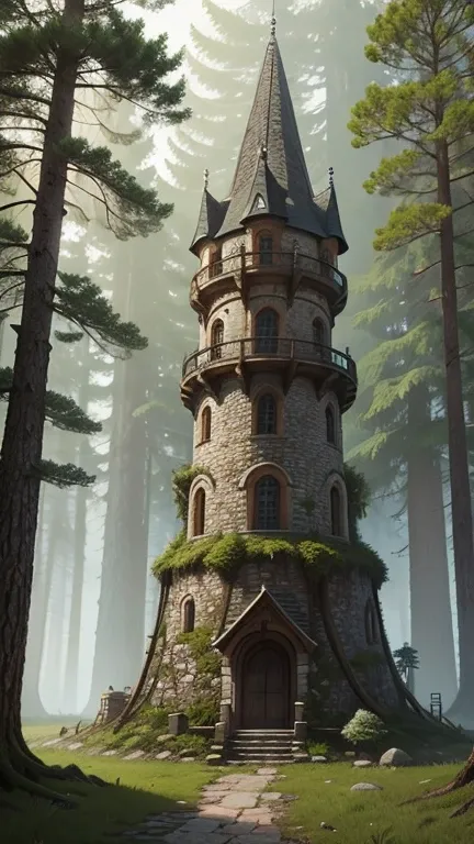 A medieval tower made of mossy stones on the edge of a forest surrounded by spreading oaks and spruces; high quality textures, ultra-realistic environment, many small details, Intricate details 