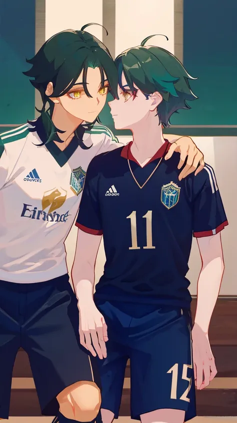 2 boys,dark green hair,highest quality,masterpiece,excessive,male focus,yellow eyes,beautiful eyes,beautiful boy,School,between men,Spouse,soccer club members,Blue soccer uniform,soccer,high school,soccer uniform,blue clothes,soccer court,teammate,same clo...